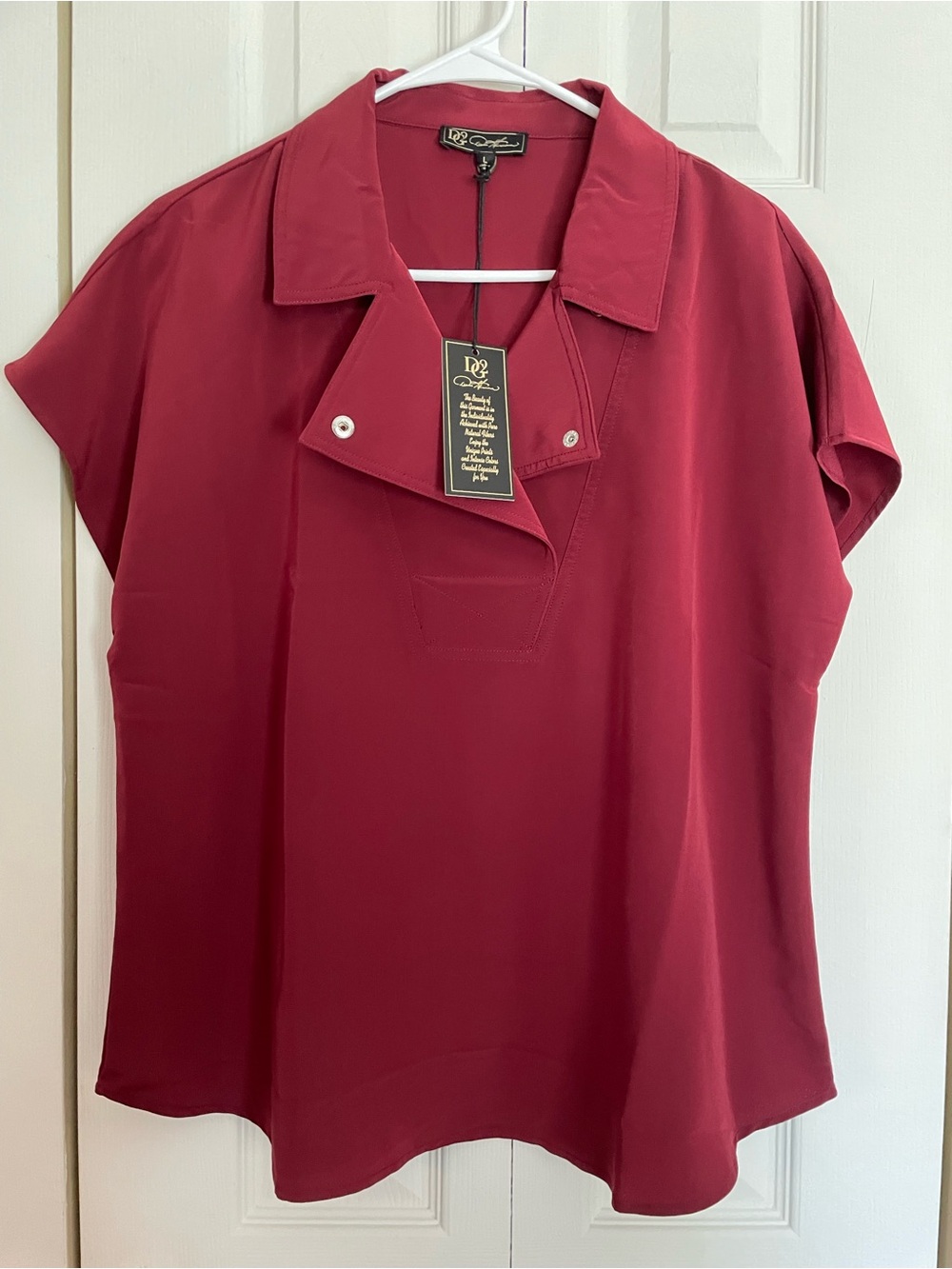 DG2 by Diane Gilman Burgundy Short Sleeve Collared Blouse